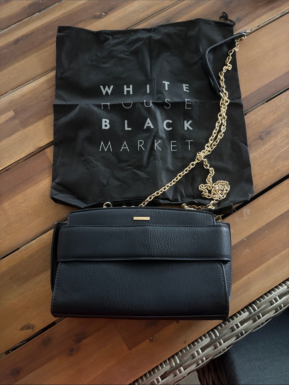 White House Black Market Black Leather Crossbody with Gold Chain